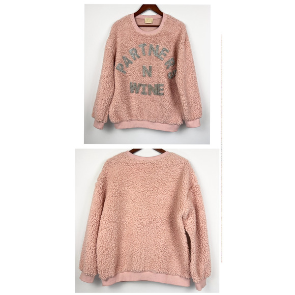 Judith March Pink Sherpa  S Sweatshirt Partners N Wine Rhinestone Lettering - Picture 8 of 9